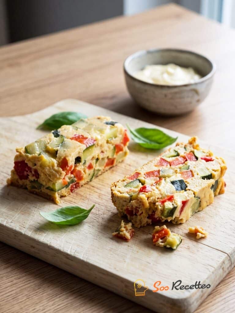 Tranches de terrine provençale courgette poivron présentées sur ardoise avec feuilles de basilic et filet d'huile d'olive