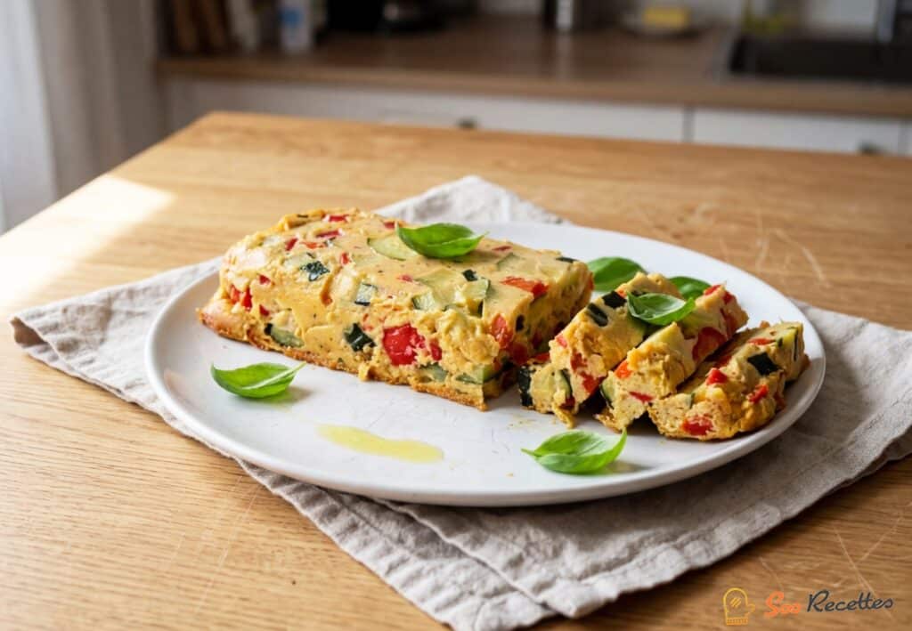 Terrine provençale à la courgette et au poivron tranchée, décorée de basilic frais, servie froide sur une assiette blanche