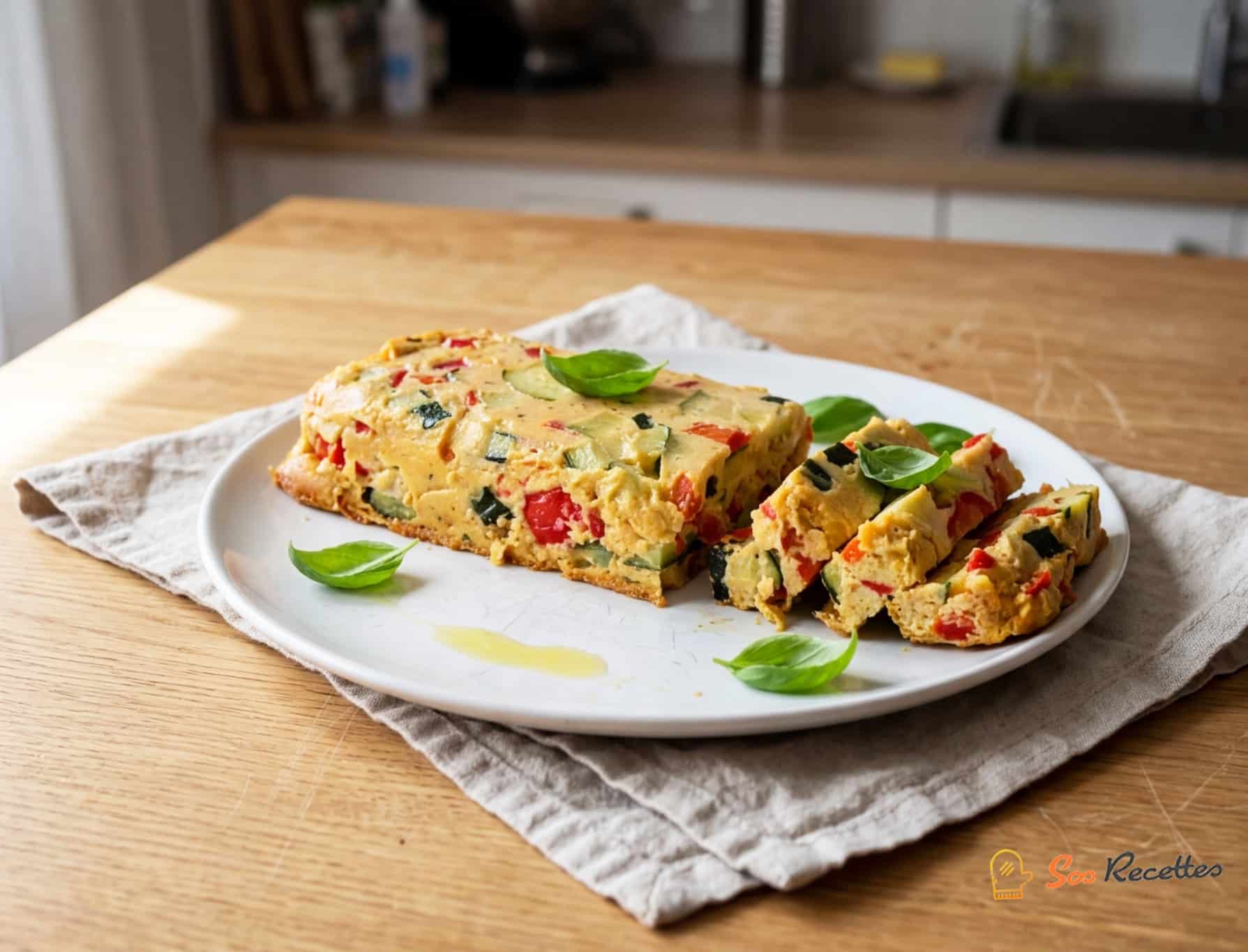 Terrine provençale à la courgette et au poivron tranchée, décorée de basilic frais, servie froide sur une assiette blanche