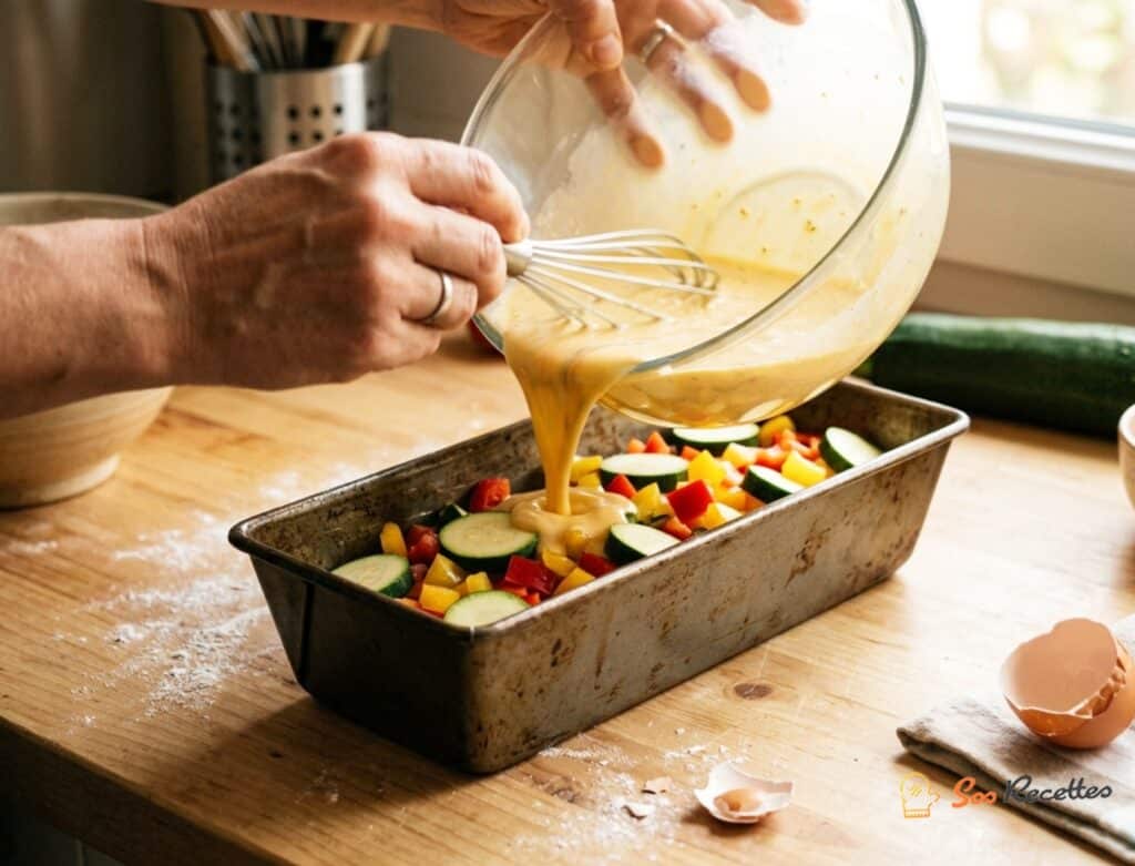Ingrédients terrine provençale : courgettes, poivrons rouge et jaune, œufs, crème fraîche, huile d'olive et basilic frais