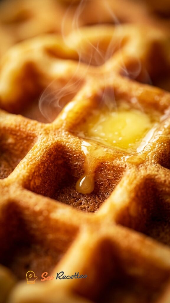 Gaufres maison sans repos servies sur assiette avec boule de glace et filet de confiture, recette sosrecette.com