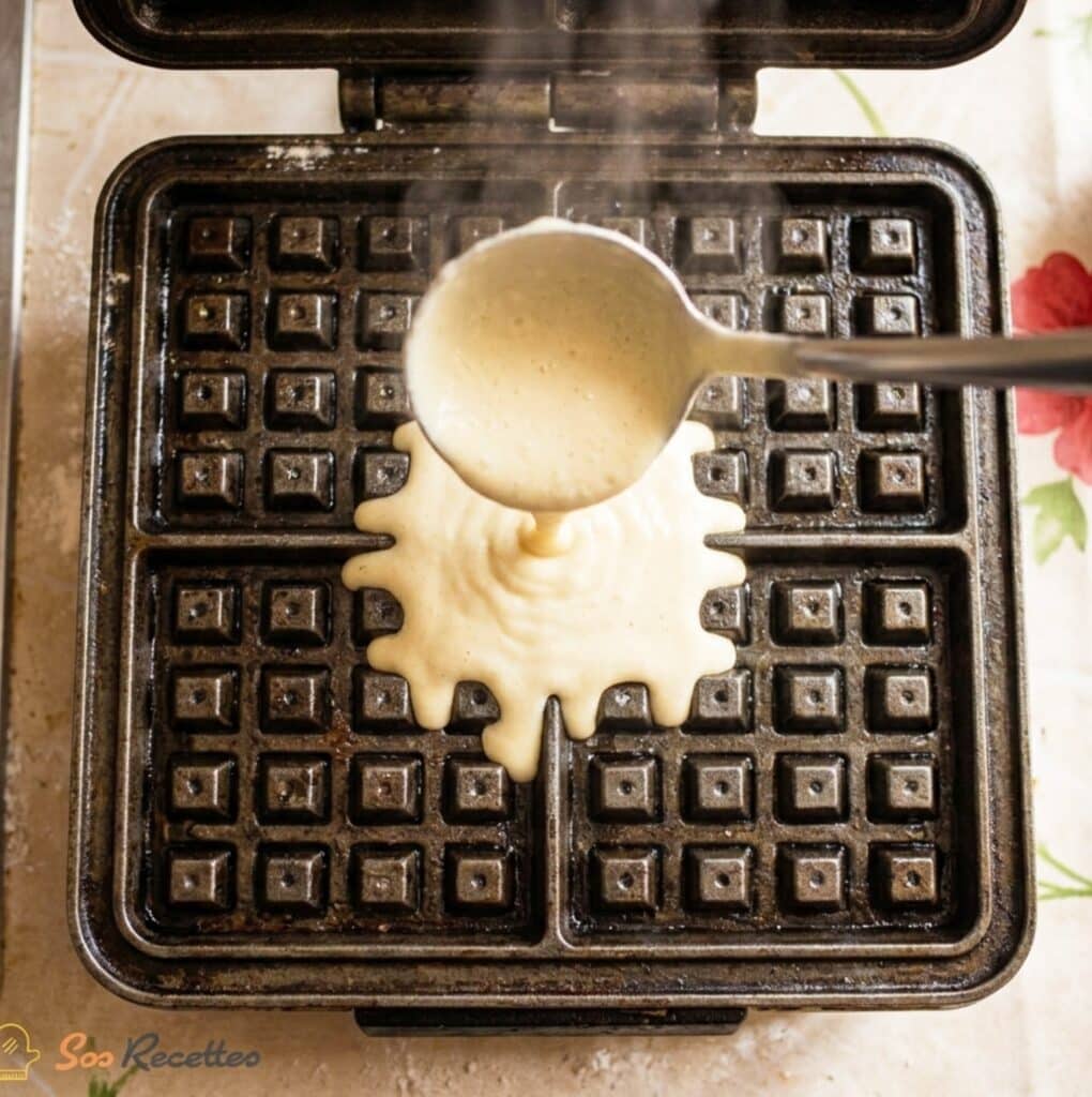 Ingrédients pour pâte à gaufres maison : farine, œufs, lait, beurre, sucre et levure chimique