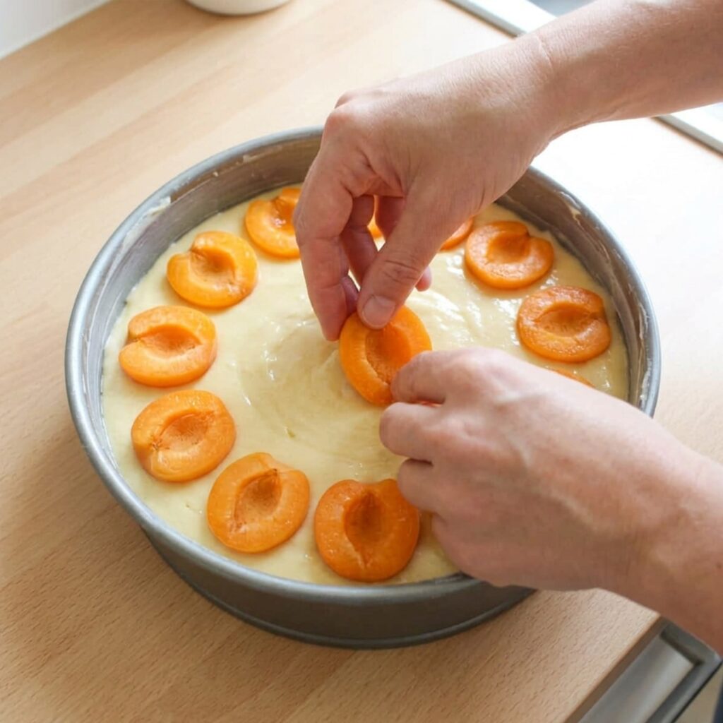 Ingrédients pour gâteau aux abricots: œufs, farine, beurre, sucre et abricots frais coupés