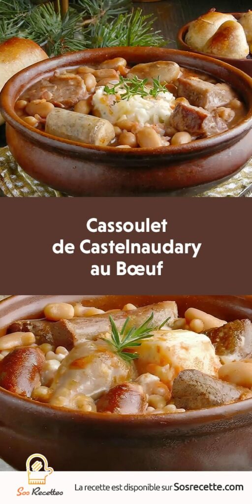 Un plat généreux de cassoulet de Castelnaudary au bœuf, mijoté à la perfection et prêt à être dégusté.