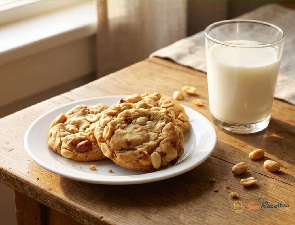 Biscuits à l'arachide présentés dans une boîte en métal vintage avec un verre de lait, ambiance goûter maison chaleureuse