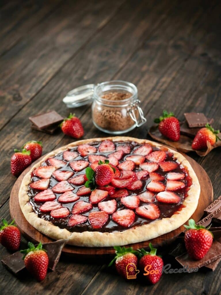 Pizza dessert au chocolat et fraises présentée sur planche avec décoration à la menthe fraîche