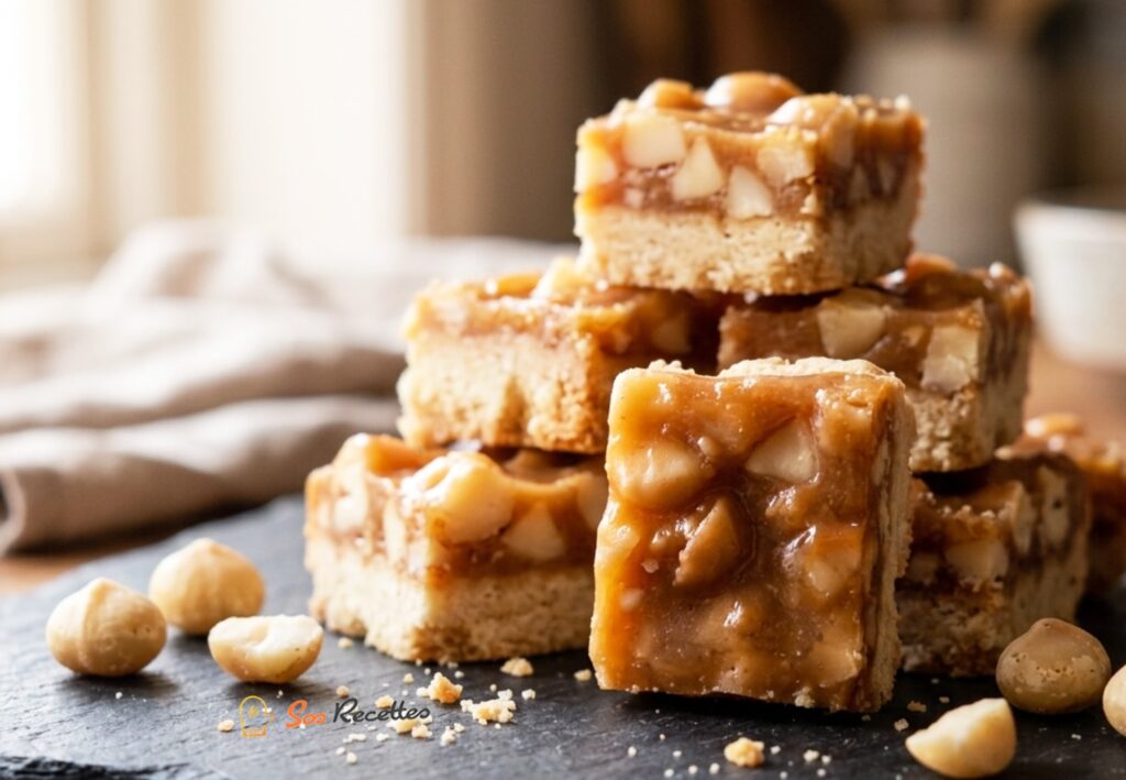 Biscuits macadamia sirop d'érable découpés en carrés sur papier sulfurisé avec bouteille de maple syrup en arrière-plan
