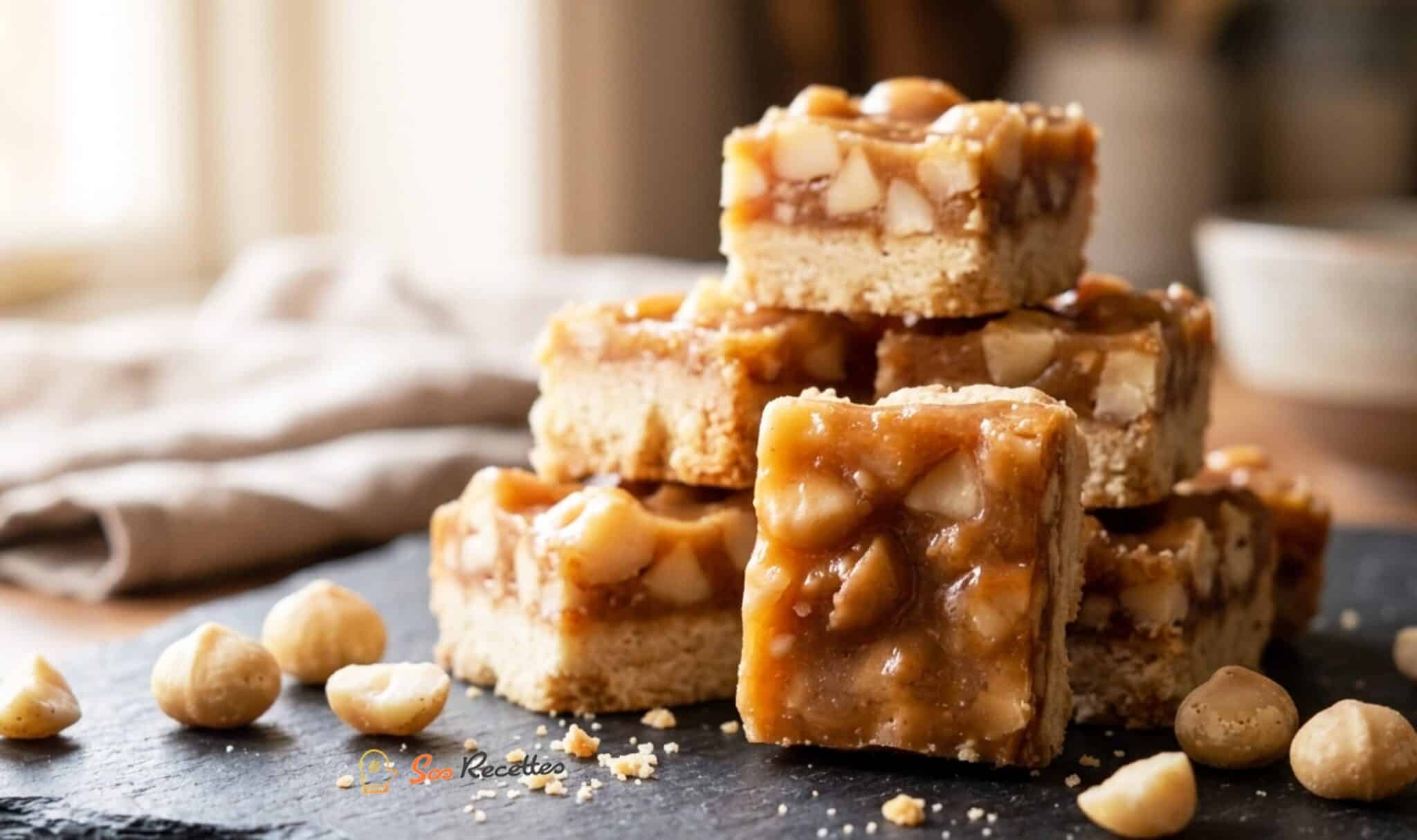 Biscuits macadamia sirop d'érable découpés en carrés sur papier sulfurisé avec bouteille de maple syrup en arrière-plan