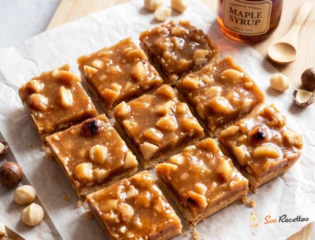 Carrés de biscuits shortbread macadamia empilés en pyramide sur ardoise, lumière naturelle dorée fenêtre