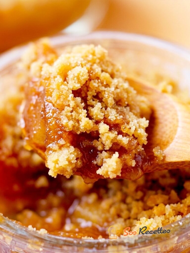 Gros plan sur un crumble aux pommes avec une cuillère en bois montrant la texture croustillante et le fond fondant