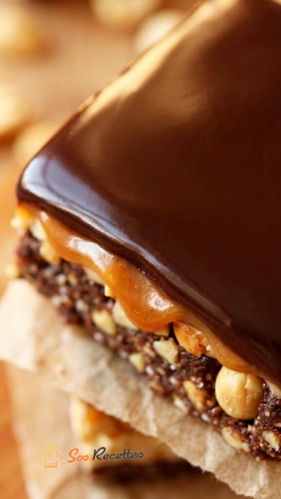 Carré chocolat caramel avec cœur fondant et texture croustillante en gros plan