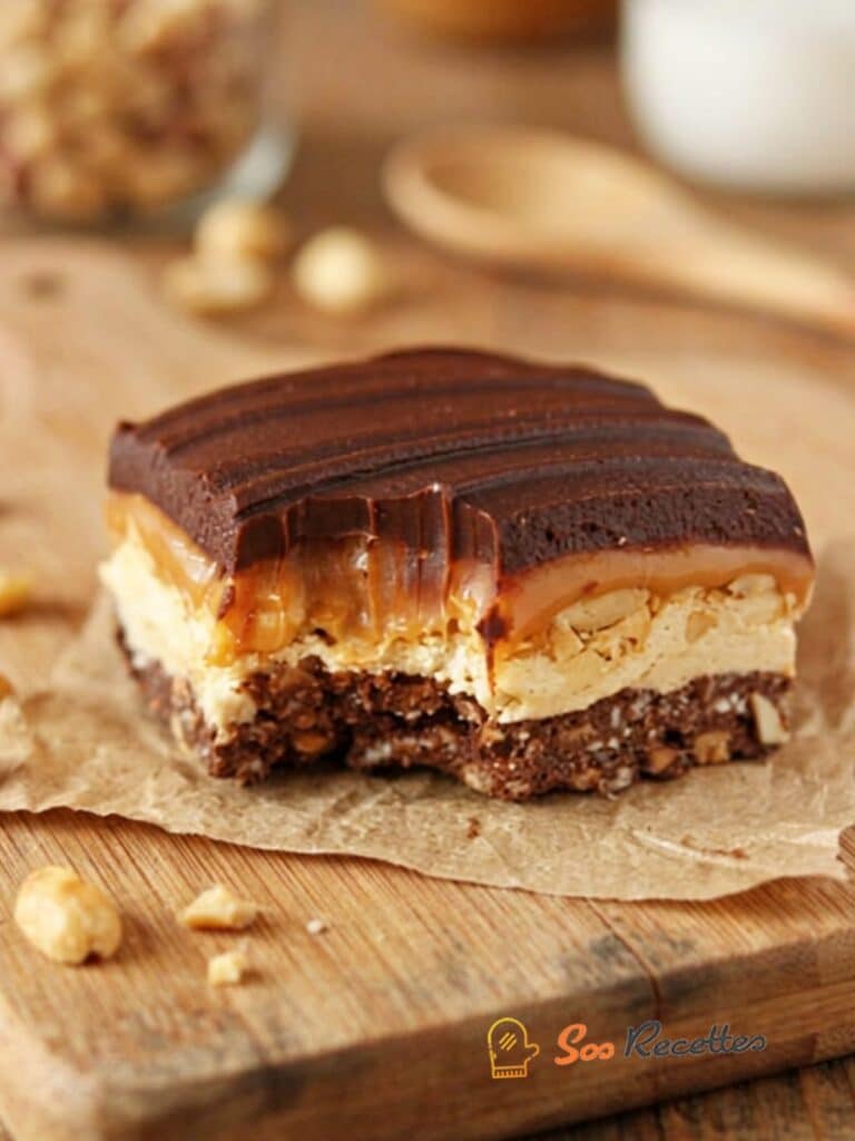 Carrés chocolat caramel croustillants empilés avec plusieurs couches biscuit, caramel et chocolat