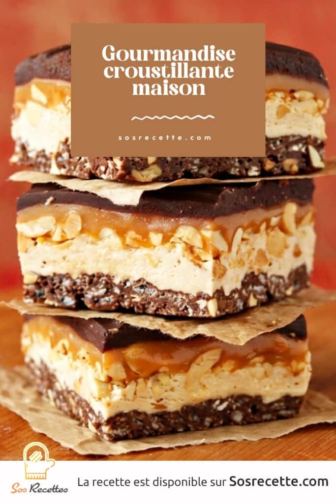 Barre chocolat caramel croustillante avec nappage brillant et caramel fondant